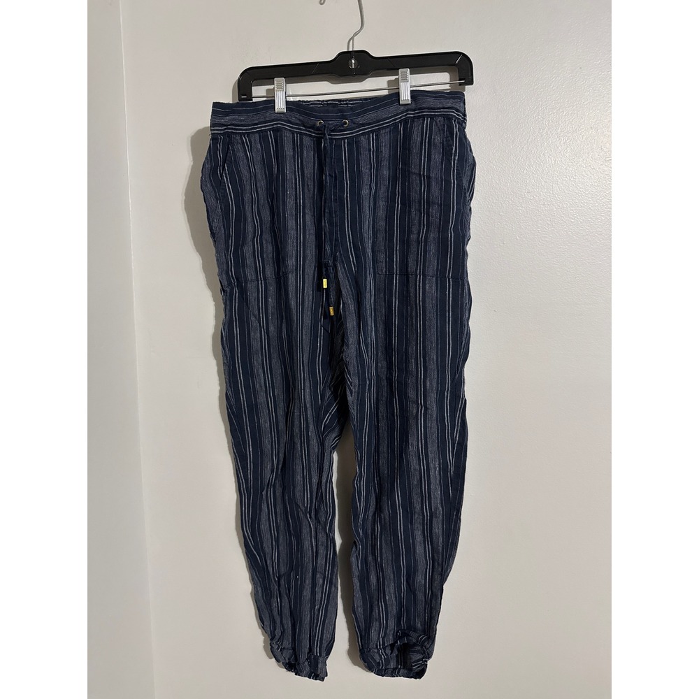 Ellen Tracy Navy Blue Pinstripe 100% Linen Jogger Pants Womens Medium